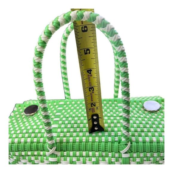 Women's Green White Handwoven Recycled Plastic Mexican Bag Handcrafted Square - Picture 12 of 13